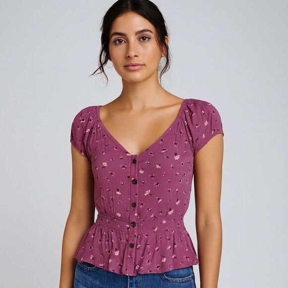 Moral Fiber Mauve Floral Short Sleeve V Neck Button Down Peplum Blouse size L - Picture 1 of 11